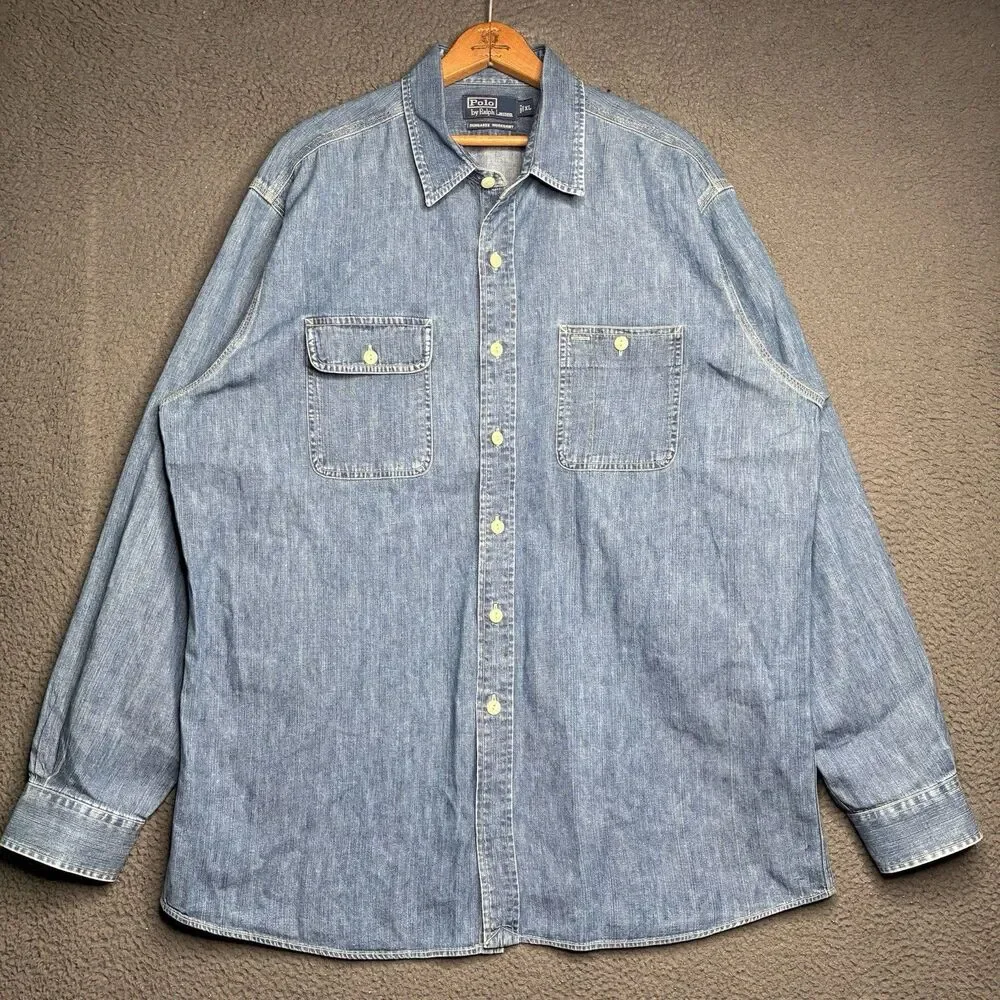 Vtg Polo Ralph Lauren Vintage Dungaree Work Shirt XL 52” RRL Style Indigo Denim